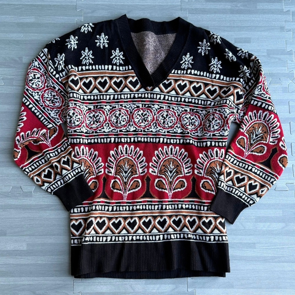 Womens Sweater Multicolor Fair Isle Heart V-Neck Knit Pullover Top